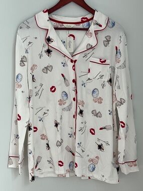 Soma Embraceable Pajama Top Trinkets Ivory Red Trim and Makeup Print NWT Size XL